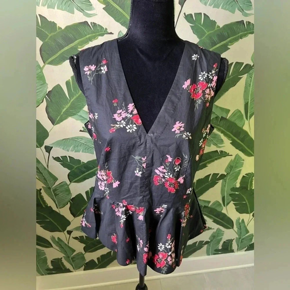 Rebecca Taylor Marguerite Floral Poplin Peplum Tank Top Black Size 8 - Picture 3 of 6